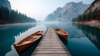 Obraz premium Misty morning at a serene alpine lake with wooden boats on a pier; tranquil, picturesque landscape; ideal for wallpaper or nature prints