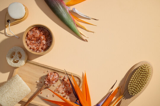 Tropical Natural Spa Essentials on a Pastel Background with Sea Salt