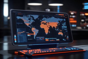 Global surveillance monitor displays real-time world data, including potential threat locations and critical metrics.  Modern, high-tech interface