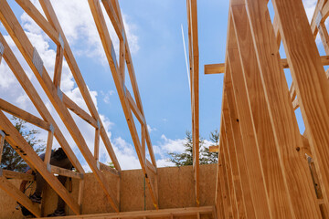 Workers are constructing wooden frame trusses structure on works day