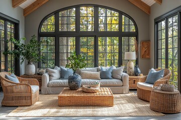 
Sunroom with large windows, comfortable seating, light gray sofa, woven rattan armchairs, decorative vases, and natural sunlight creating a cozy atmosphere.