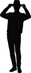 Fototapeta premium Black-and-white silhouette of a person standing in a relaxed posture, adjusting a hat with one hand, isolated vector illustration