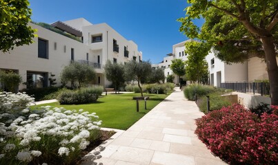 Obraz premium Modern courtyard with white buildings and lush landscaping, ideal for residential or commercial use