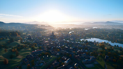 Obraz premium Aerial View Of Small Town Sunrise