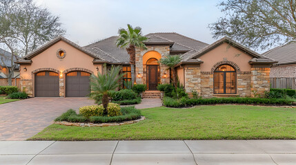 Obraz premium Elegant Two-Story Stone House Exterior With Landscaping