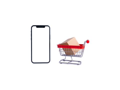 Smartphone with Blank Screen Next to a Small Shopping Cart with Cardboard Box on a transparent background
