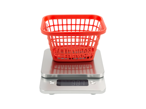 Red Plastic Basket on a Digital Kitchen Scale Showing Zero Weight on a transparent background