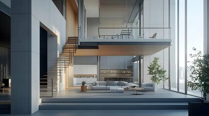 Obraz premium Modern Minimalist Open Plan Living Room Interior Design