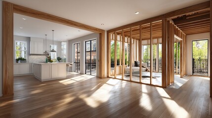 Modern house under construction, interior open floor plan, sunlight streaming through, potential for a real estate listing