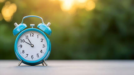 Teal Alarm Clock On Wooden Surface With Blurred Green Background At Sunset