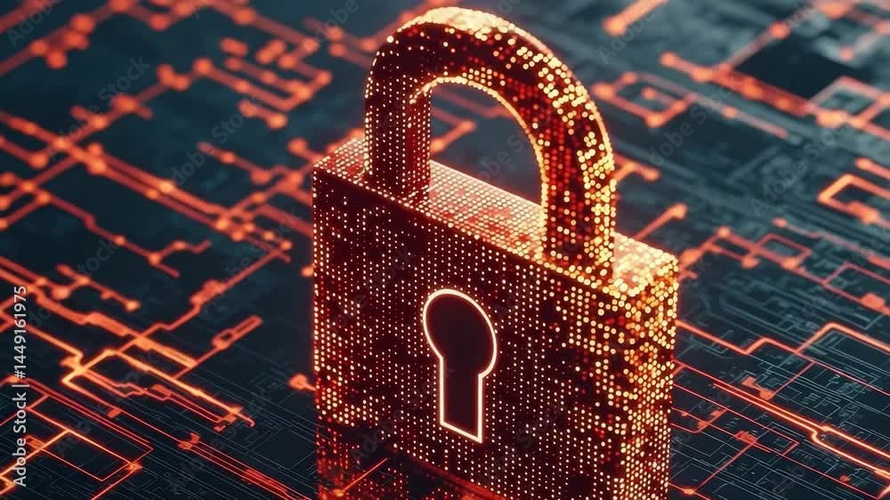 Poster digital security lock with glowing circuit patterns for cybersecurity themes