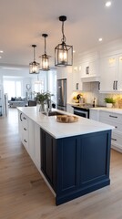 Modern kitchen island with white cabinets and navy blue accents, showcasing a bright open-concept layout, perfect for interior design inspiration