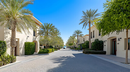 Mediterranean Style Residential Street Under Sunny Blue Sky