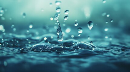 Water droplets falling and splashing on water surface.  Macro shot.  Close up.