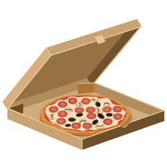 Italian pizza in open box with toppings isolated vector illustration on white background