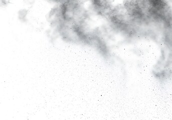 A delicate blend of gray smoke and fine particles scattered against a bright white background space filling view