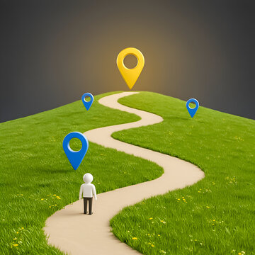 A winding tan path ascends a green hill under a dark sky. A small figure stands at the bottom, with blue markers along the way and a yellow one at the peak.

