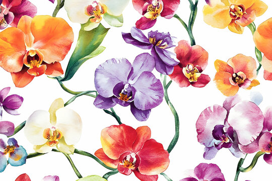 Vibrant floral pattern of various orchids in watercolor style.