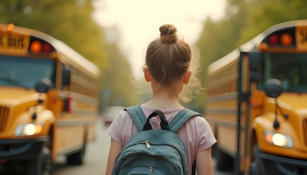 A girl carrying a backpack strolls along the street, with a school bus in the background, marking the first day of school - Powered by Adobe