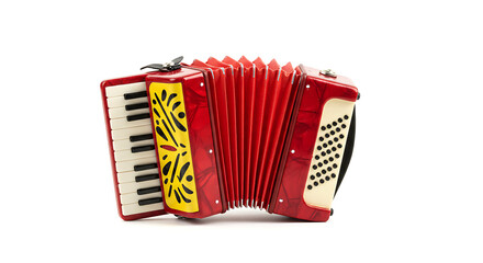 Small accordion toy, colorful and festive, isolated on white background, representing traditional music of Festa Junina