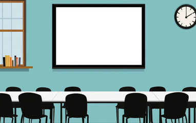 A simple vector illustration of an empty white table in the center, surrounded by black chairs on each side