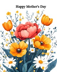 vector greeting card template with “Happy Mother’s Day” text in the center, surrounded by elegant colorful floral illustrations.