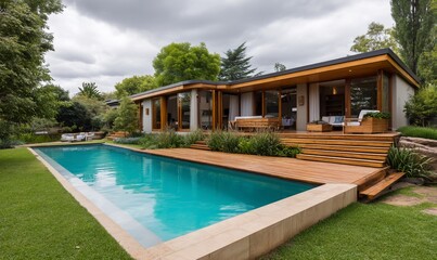 Fototapeta premium Modern pool house with a patio and wooden decking in a backyard garden. Possible use Stock photo for real estate, architecture, or home design