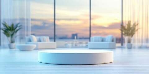 Fototapeta premium a modern living room with a large window and a round white coffee table with white chairs on the floor 