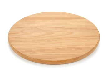 A light brown wooden circular cutting board on a white background in a studio setting for food prep use