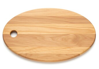 An oval wooden cutting board with a hole on a white background in a studio shot with natural light