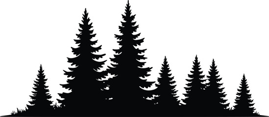 Silhouette of a dense cluster of pine trees, arranged to create a forest-like scene, isolated vector illustration 