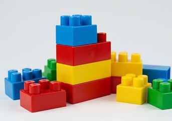 A close up of colorful plastic building blocks stacked and scattered on a white surface in a studio shot