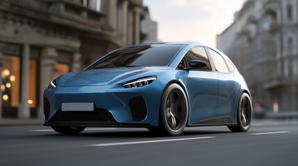 Fototapeta premium blue Electric car mockup in modern urban street, daylight, minimal traffic, futuristic city in the background