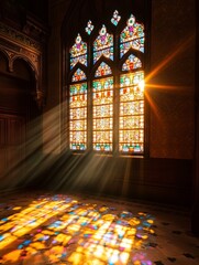 Colorful stained glass window illuminated by sunlight inside a historic building during the late afternoon - ai