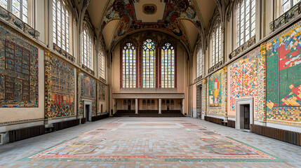 Obraz premium Abandoned Church Interior With Colorful Murals And Stained Glass Windows
