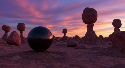 Glowing Sphere Amid Rocky Terrain at Sunset Twilight. 3d Surreal landscape with light sphere and...