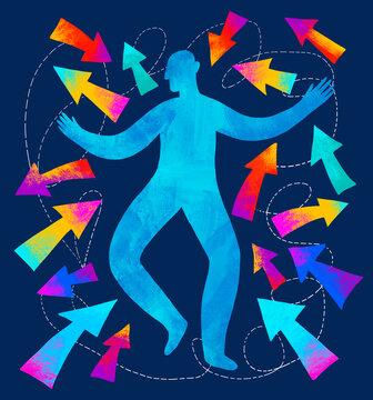 Colorful arrows surround a dancing figure in abstract art