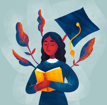 Young graduate reading a book with a cap and leaves