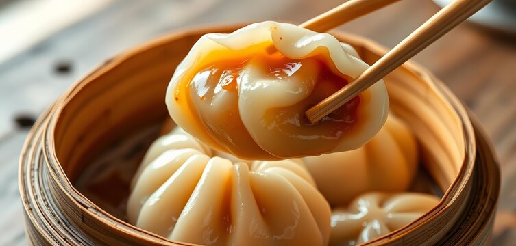 Close-up of glistening xiao long bao lifted with chopsticks from bamboo steamer, showcasing juicy filling, food, Shanghai