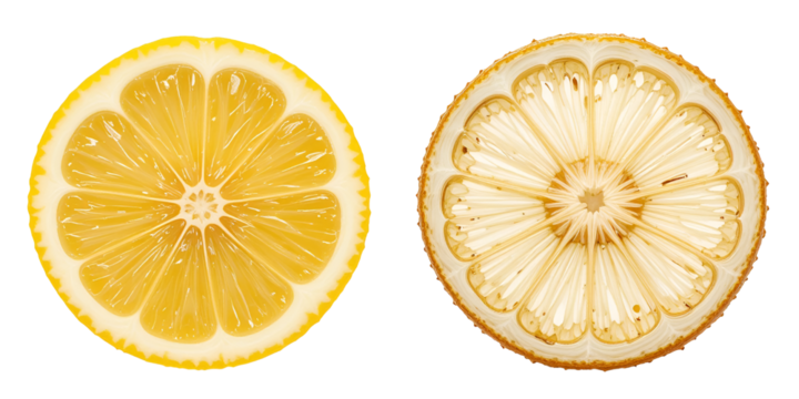 slice of fresh lemon and dried lemon isolated on transparent png