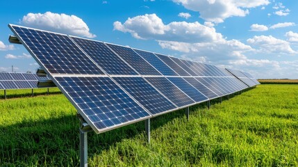 A vast solar panel farm generates clean renewable energy in a lush green field under a bright sunny sky with fluffy white clouds.