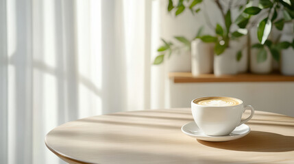 Fototapeta premium Serene coffee scene with latte wooden table, sunlight streaming through sheer curtains