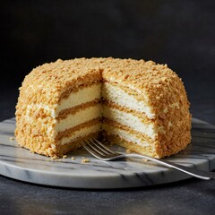 Delicious honey layer cake with cream filling and crumb coating, served on a marble plate with a fork on dark background.
