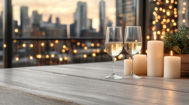 Elegant candlelight bar counter with city skyline and blurred lights creates romantic atmosphere