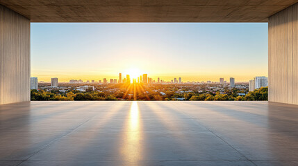 Stunning sunset view over city skyline from modern architectural space, showcasing long shadows