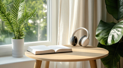 Obraz premium Cozy daylight on table with open book and headphones, creating serene atmosphere
