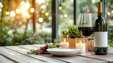 Fototapeta premium Cozy indoor dining scene with candlelit table, red wine, and fresh grapes