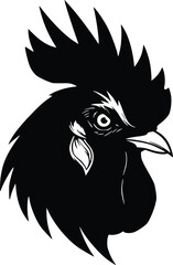 Silhouette of a rooster’s head with a sharp beak, detailed feathers, and a prominent comb. Isolated vector illustration 
