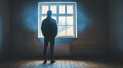 Silhouette of man looks out window in dim, empty room interior. Use for themes of loneliness, reflection, and seeking inspiration.