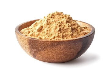 Ginger powder in wooden bowl with sliced on white background